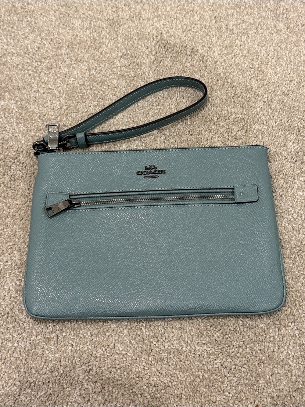 Coach Light Blue Pebbled Leather Oversized Wristlet Clutch